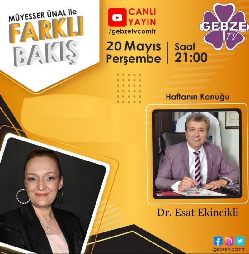 Yönetim Kurulu Başkanımız Dr.Esat EKİNCİKLİ, Gebze TV'de Deneyimli sunucu Müyesser Ünal ile Farklı Bakış programında "Tüm Dünyayı Etkileyen Covid 19 Salgını" ile ilgili önemli bilgiler aktardı.